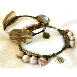 2 Bourbon & Bowties Gold Stone Bangle Bracelet Quartz Jasper Boho Wire Wrapped